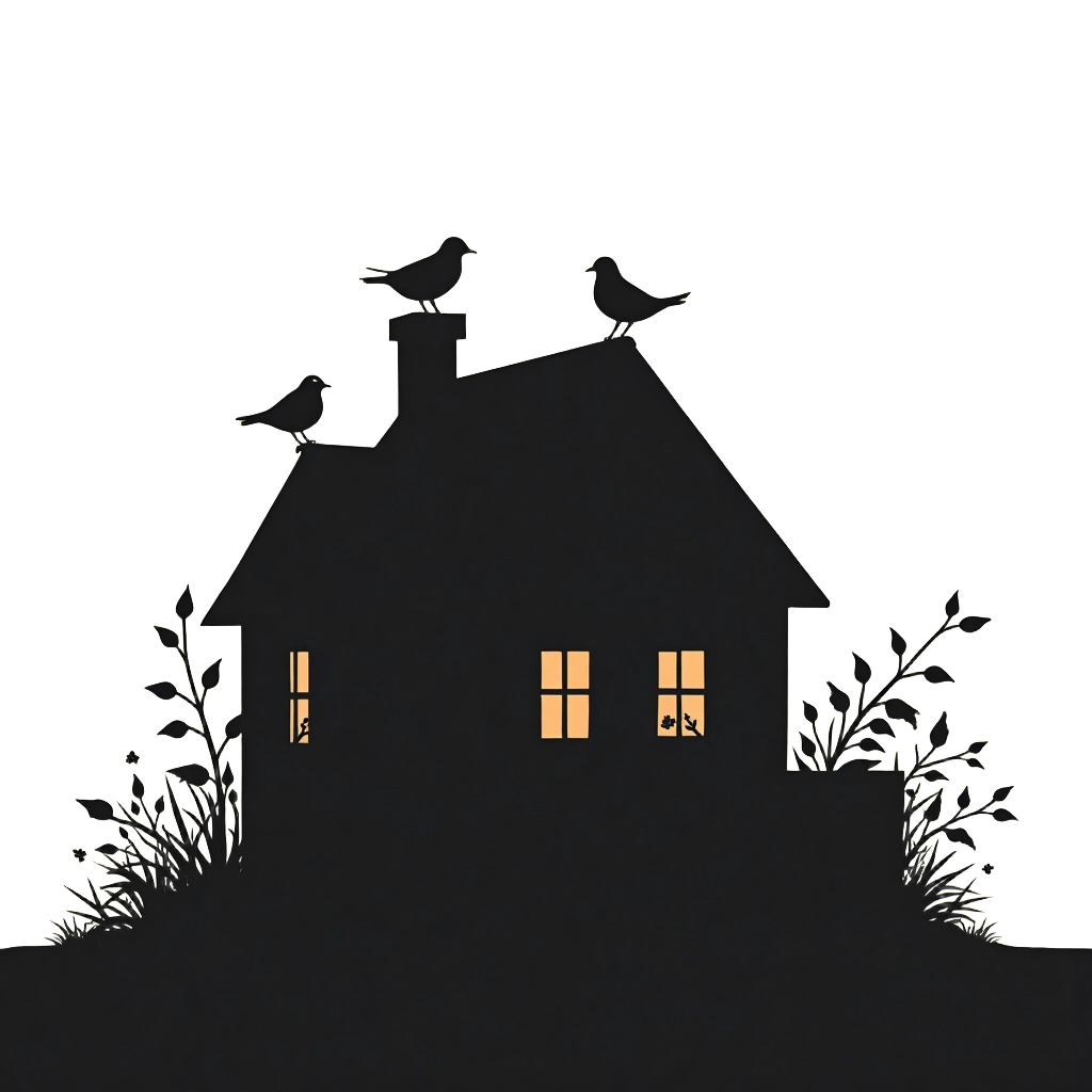 Silhouette of a House with Birds